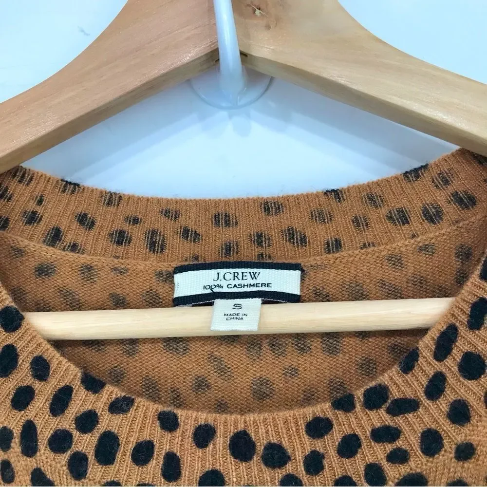 J. Crew LAYLA Camel Tan Black Dot Animal Print 100% Cashmere Crew Neck Sweater